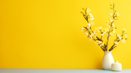 Frühlingsstrauß in einer hellen Vase vor gelben Hintergrund, minimalistische und elegante Osterdekoration, wallpaper