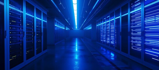 Futuristic data center hallway with blue lighting. modern network and technology concept. server room design and infrastructure. AI - obrazy, fototapety, plakaty