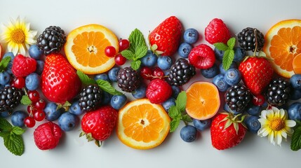 Minimalist backdrops adorned with vibrant summer berries and fruits