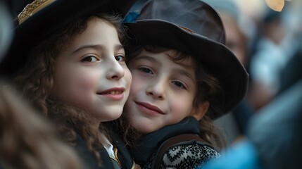 Two children embracing, sharing a special moment. portrait of sibling love and innocence. captured for heartwarming memories. everyday joy and familial bonds reflected. AI