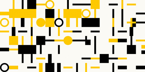 Abstract geometric retro composition. Background with circles, squares, rectangles and lines.  Yellow, off-white and black.  Sandstone textures. Template for your poster, cover, flyer, packaging