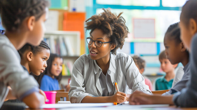 A passionate teacher engages a diverse classroom of students, fostering a vibrant atmosphere of education and learning. The students eagerly participate, absorb knowledge, and develop critic