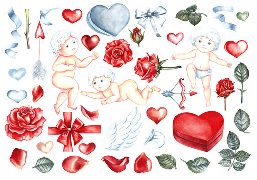 A set of clip art for Valentine's Day or a wedding. Hand-drawn watercolor illustration. Isolates. A design element for the design of postcards, packaging and labels, posters and flyers, prints.