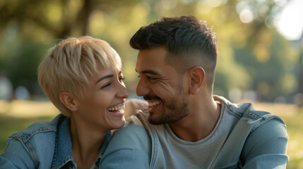 Fototapeta premium middle-aged couple is sharing a close, joyful moment, laughing and affectionately resting their heads together outdoors with a blurred green background.