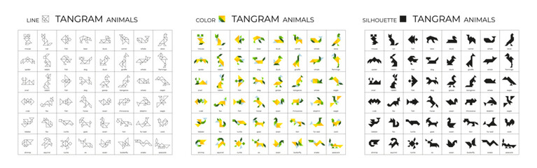 Big tangram puzzle set for kids. Tangram animals. Illustrations of lines, colors and silhouettes. Isolated icons on white background. Children's game for brain development. Stock vector illustration.