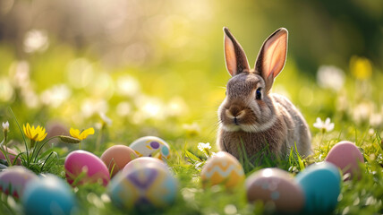 Easter bunny with Easter eggs in grass on sunny spring day. Copy space. 