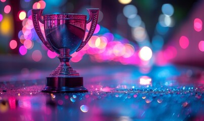 A winner trophy cup set against abstract purple and pink lights blur blinking background. Generative AI - obrazy, fototapety, plakaty