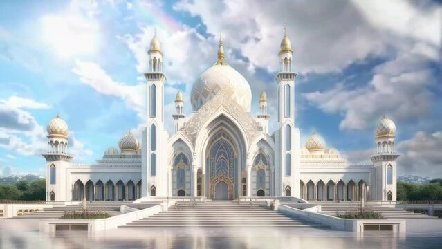 Front Facade of Grand, Luxurious Mosque.seamless looping time-lapse virtual video animation background
