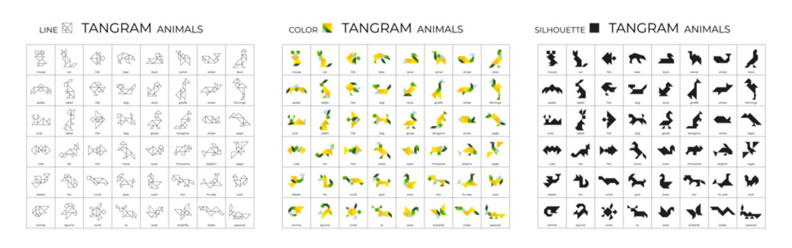 Big tangram puzzle set for kids. Tangram animals. Illustrations of lines, colors and silhouettes. Isolated icons on white background. Children's game for brain development. Stock vector illustration.