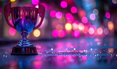 A winner trophy cup set against abstract purple and pink lights blur blinking background. Generative AI