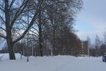 Finland's beautiful snowy winter city, Varkaus. The central part of the city with houses, shops, infrastructure.