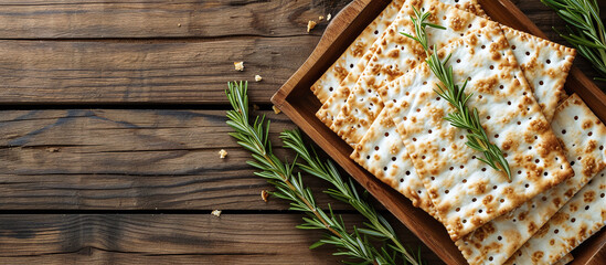 Passover matzah with unleavened matzo bread on a wooden tray with rosemary on a wooden background - obrazy, fototapety, plakaty