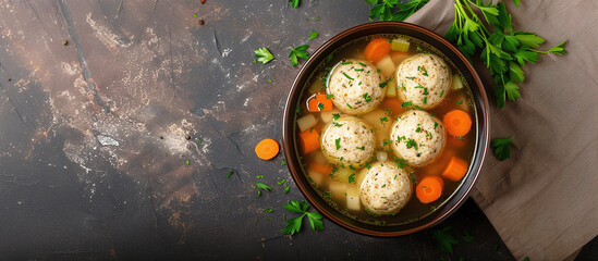 Soup with matzo balls in aromatic chicken or vegetable broth with carrots, celery