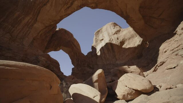 Shadows at Double Arch rock formation at Arches National Park / Moab, Utah, United States