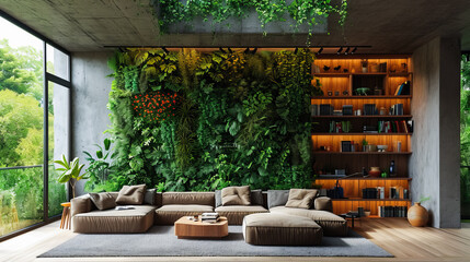 Stylish Interior with Plants. Comfortable Living Room with Green Wall