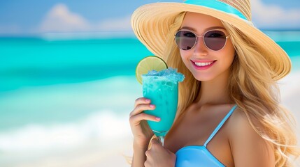 Woman enjoying blue hawaiian cocktail on paradise beach, basking in summer heatwave with text space.