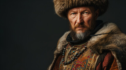 A distinguished Russian Cossack in his forties exuding an unmistakable sense of pride in his rich heritage. Adorned with a magnificent fur hat and a beautifully decorated traditional coat, h - obrazy, fototapety, plakaty