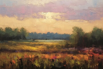 Impressionist style oil painting of rural landscape. Impasto painting. Brush strokes clearly visible. 