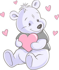 Fototapeta premium Cute cartoon brown bear with hearts. Vector illustration of animals on a white background with many pink hearts.