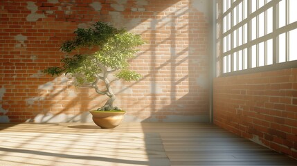 Zen studio with light through window on Bonsai tree
