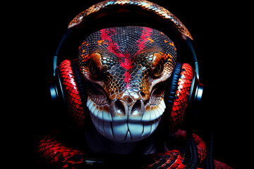 Snake with headphones. Snake listening to music - obrazy, fototapety, plakaty