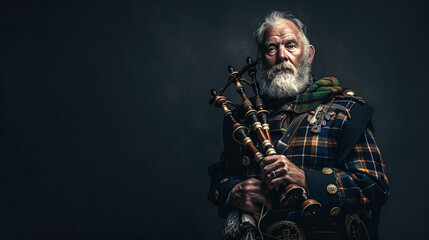 A proud Scottish bagpiper in his 50s showcasing his cultural heritage in a full Highland dress. His expressive face radiates with cultural pride and passion for his tradition.