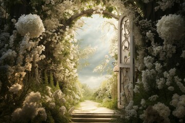 Enchanted White Blossom Archway in Sunlit Garden