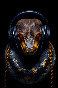Snake with headphones. Snake listening to music