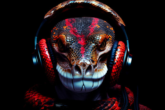 Snake with headphones. Snake listening to music