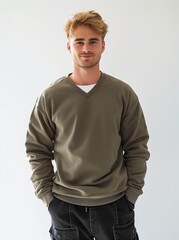 Handsome Icelandic male model in khaki colored sweatshirt and black cargo pants