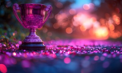 A winner trophy cup set against abstract purple and pink lights blur blinking background. Generative AI