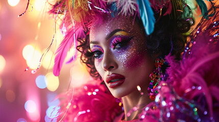 A dazzling drag queen in her 30s, her flamboyant and expressive look is captivating. With meticulously elaborate makeup and an extravagant ensemble, she exudes confidence and charm. - obrazy, fototapety, plakaty