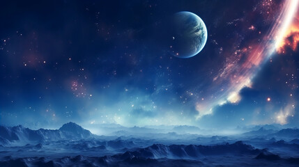 Fototapeta na wymiar Blue Hues and Nebula Dreams in the Cosmos. Galactic Night. Stellar Dreamscape