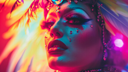 A dazzling and vivacious drag queen in her 30s exudes pure artistry with her flamboyant and expressive look. Her expertly applied makeup creates a stunning, eye-catching appearance that capt