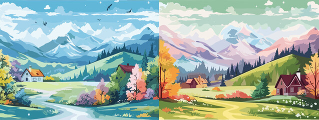 Set of four seasons backgrounds, banners. Winter, spring, summer, autumn nature landscapes. Colorful backdrops, covers with trees, mountains, village houses
