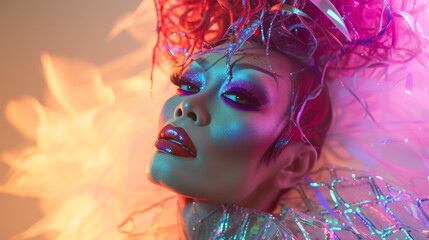 A dazzling and vivacious drag queen in her 30s exudes pure artistry with her flamboyant and expressive look. Her expertly applied makeup creates a stunning, eye-catching appearance that capt