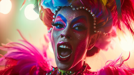 A fabulous drag queen in her prime, exuding a vivacious energy with her flamboyant and expressive style. Her makeup is meticulously done, accentuating her larger-than-life personality. She d - obrazy, fototapety, plakaty