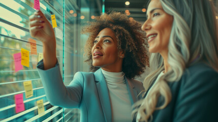 Two professional women are engaging in a brainstorming session, writing and discussing strategies on a glass board in a corporate office setting. - obrazy, fototapety, plakaty