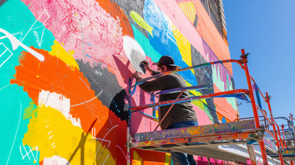 A stunning and dynamic street art mural taking shape, capturing the essence of creativity and the vibrant energy of urban culture. Bold colors, intricate designs, and captivating imagery com