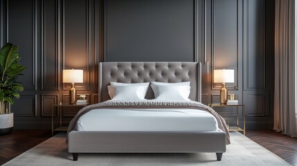 Velvet beds with clean lines and streamlined silhouettes exude understated elegance in contemporary interiors - obrazy, fototapety, plakaty