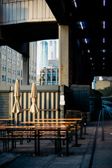The view of buildings seen from the High Line park in Chelsea, New York City, United States.