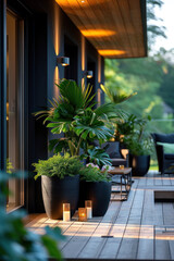 A monstera in a pot on a German wooden terrace with furniture in the foreground that connects directly to the garden