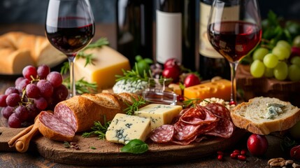 Sommelier-selected wines complement upscale dinner spreads featuring gourmet cheeses