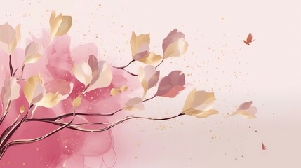 Pink sakura flowers with golden leaves and sparkles. Abstract watercolor background. Floral art. Copy space. Minimalist design for greeting card, wedding invitation, packaging, print, wall decoration
