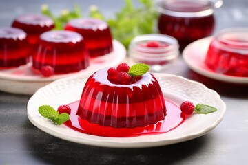 Delicious Red yellow jelly adorned with raspberries. Sweet fruit dessert. For use in culinary websites, food blogs, catering services, recipe books, and dessert menus. Light blurred background.