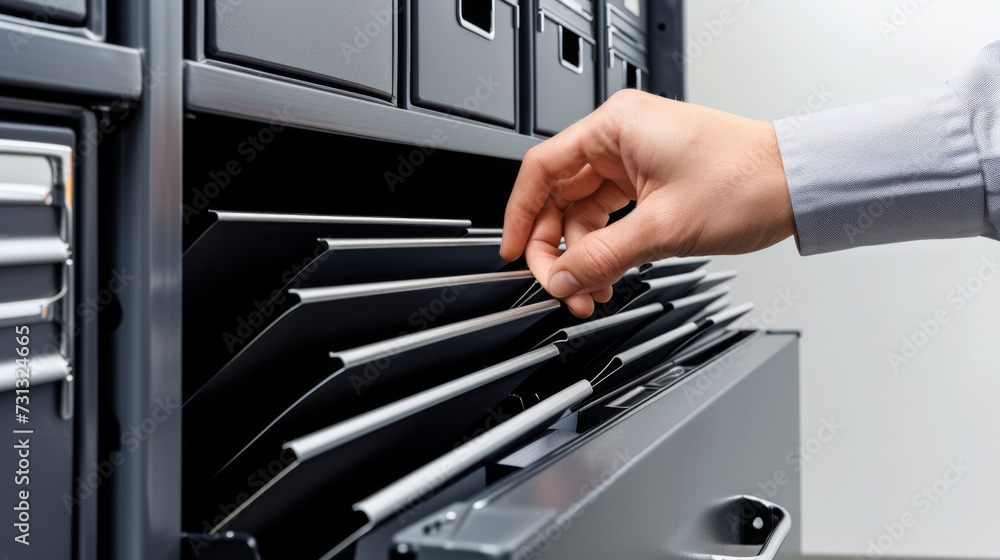 Poster a hand is shown pulling a file from an organized open filing cabinet drawer filled with labeled fold