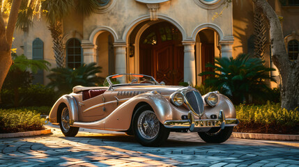 Immaculately restored vintage car graces a scenic backdrop, showcasing timeless elegance and automotive artistry.
