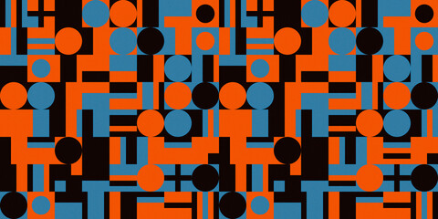 Geometric abstract background, creative composition. Circles, squares, rectangles and lines. Orange, cyan and black. Retro colors. Grain texture. Template for your poster, cover, flyer