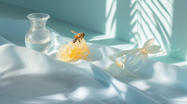 Honeycomb with honey, bee and flowers on light blue bedding background in sunlight. Concept of traditional medicine, apitherapy, wellness, relaxation, natural treatment or spa.