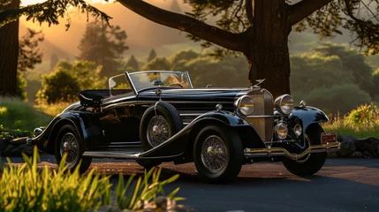 Photo sur Plexiglas Voitures anciennes Immaculate vintage car gleams under the sunlight, surrounded by breathtaking natural beauty, celebrating the timeless allure of classic automobiles.